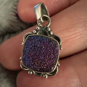 New!  Peacock Druzy Quartz Sterling Silver Necklace Pendant  925